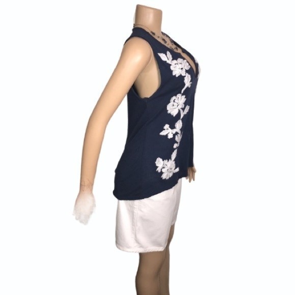 Lucky Brand Top Sleeveless linen Blend blue & white Floral Embroidered size XS - Picture 6 of 11